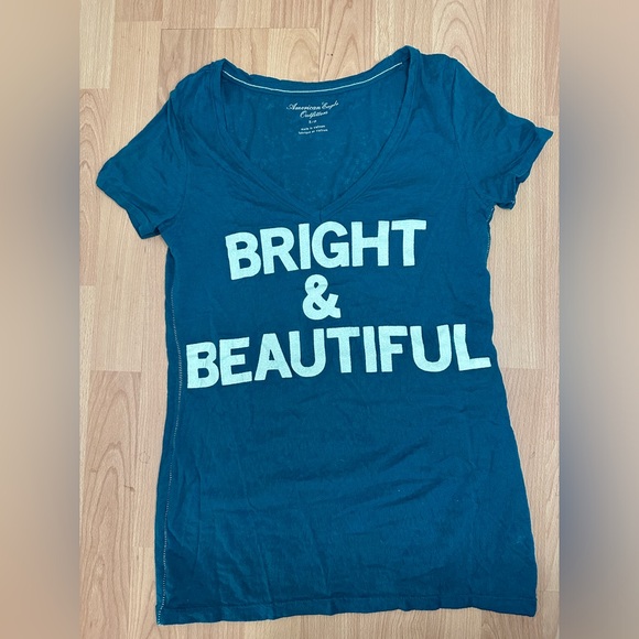 American Eagle Outfitters “Bright & Beautiful” Teal V-Neck Shirt Size Small - Picture 1 of 6